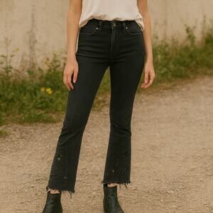 Free People SZ 25 Black High Rise Fringe Hem Jeans With BOHO Leg Cutouts